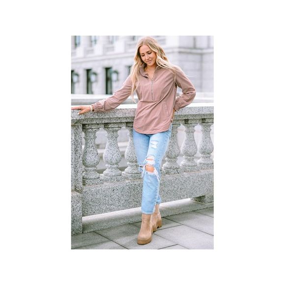 Azura Exchange  Apricot Ribbed Texture Half Zip Collared Sweatshirt - Picture 13 of 16